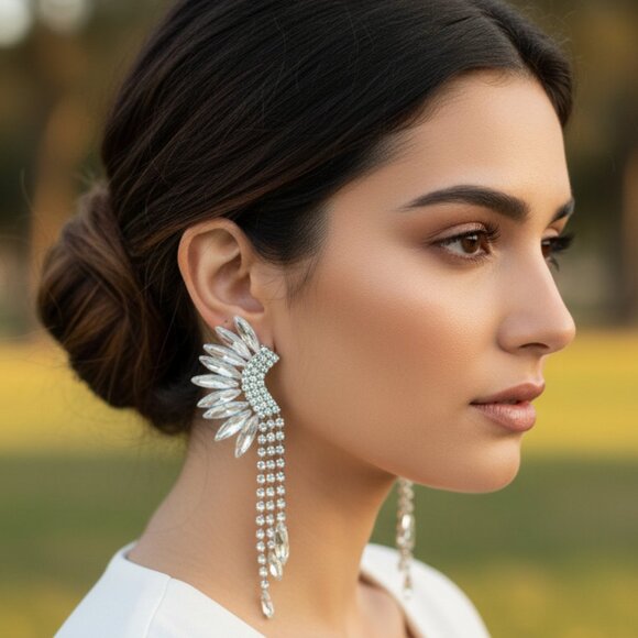 None Jewelry - CZ Marquise Waterfall Earrings Silver Statement Bridal Wedding Ear Cuff Climber